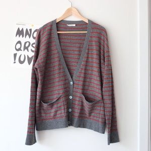 6397 Gray and Red Striped Cashmere Cardigan